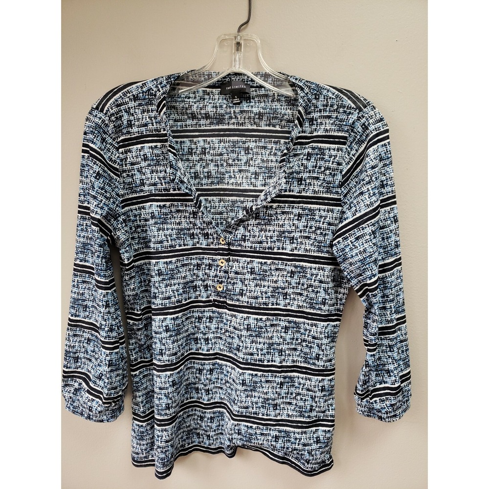 The Limited Womens Pullover Blouse Small Black and Blue 3/4 Sleeves Sheer .